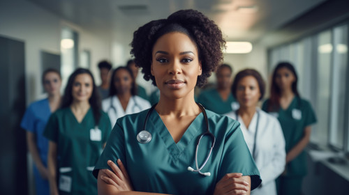 Portrait medicine and a black woman nurse arms crossed standing with her team in a hospital for heal.jpg