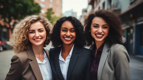 Portrait group and business women smile standing on brick wall with mockup outdoors in city Cooperat.jpg