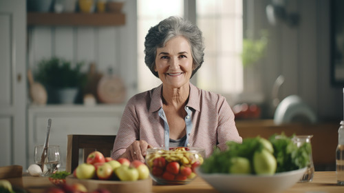 Portrait fruit salad and apple with a senior woman in the kitchen of her home for health diet or nut.jpg