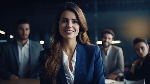 Portrait happy and a business woman in the boardroom with her team during a meeting for planning Smi.jpg