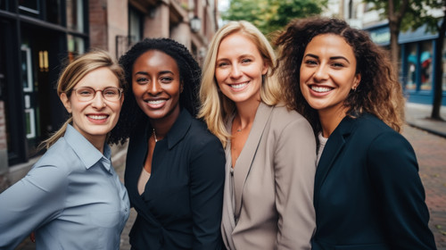 Portrait group and business women smile standing on brick wall with mockup outdoors in city Cooperat.jpg