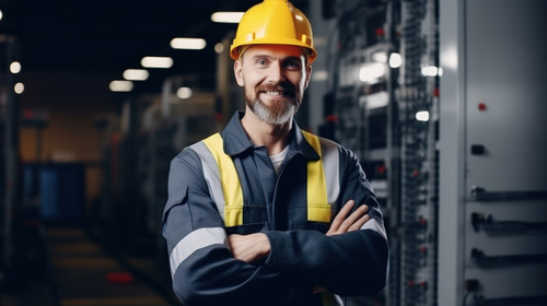 Portrait happy man and engineering technician in control room inspection service or industry mainten.jpg