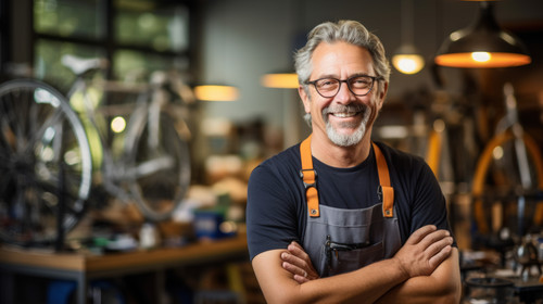 Portrait happy and repair man in bicycle shop for working in store cycling workshop and startup Conf.jpg