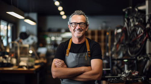 Portrait happy and repair man in bicycle shop for working in store cycling workshop and startup Conf.jpg