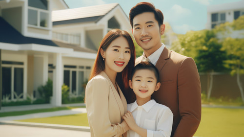 Portrait happy family and kid outdoor at new house real estate and building mortgage in residential .jpg