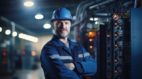 Portrait happy man and engineering technician in control room inspection service or industry mainten.jpg