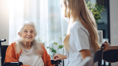 Portrait healthcare or disability with a nurse and old woman in a wheelchair during a nursing home v.jpg