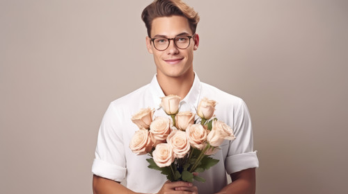 Young man florist holding big beautiful blossoming bouquet of cappuccino roses in glasses vase soft .jpg