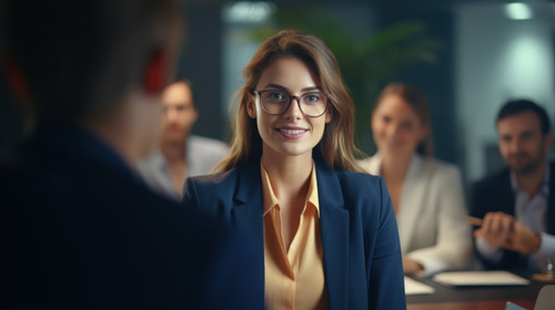 Portrait leader and proud business woman in meeting with group for planning discussion and problem s.jpg