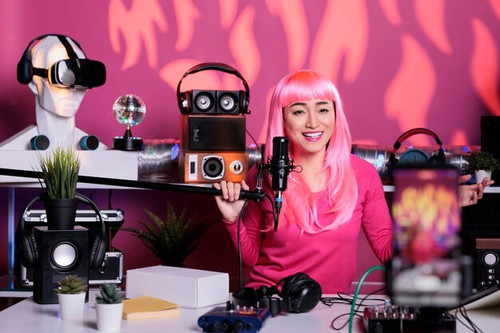 cheerful woman recording podcast using professional streaming equipment while standing broadcast stu.jpg