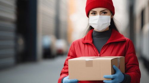 Woman in face mask and gloves signing for receiving parcel soft focus 00762 00.jpg