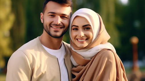 Happy muslim couple hugging and holding hands in park smiling at camera Arabian man in traditional c.jpg
