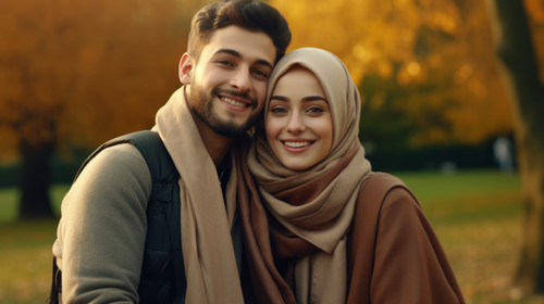 Happy muslim couple hugging and holding hands in park smiling at camera Arabian man in traditional c.jpg