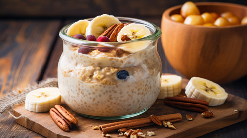 Healthy overnight oatmeal Bircher muesli served with bananas brown sugar pecan nuts and maple syrup .jpg