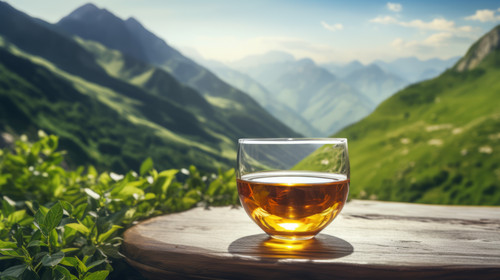 Eastern black tea in glass outdoor mountains background Eastern tea concept Armudu traditional cup G.jpg