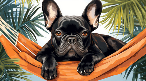French Bulldog dog relaxing in hammock under tropical palm trea leaves illustration 00309 03.jpg
