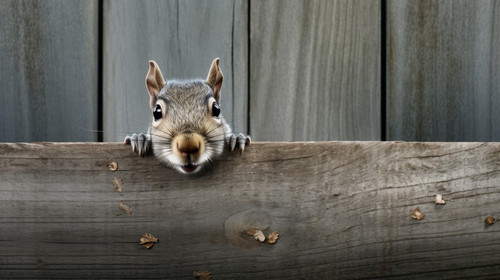 Eastern gray squirrel with a peanut in its mouth is peeking around a grayish brown wooden fence pane.jpg