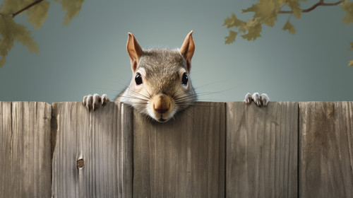 Eastern gray squirrel with a peanut in its mouth is peeking around a grayish brown wooden fence pane.jpg