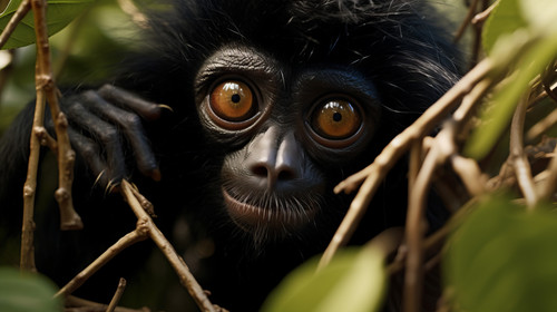 Handheld close up shot of a spider monkey riffling through leaves 00350 02.jpg