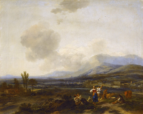 Итальянский пейзаж с веселящимися пастухами. 1678. 66х82. Частное собрание
