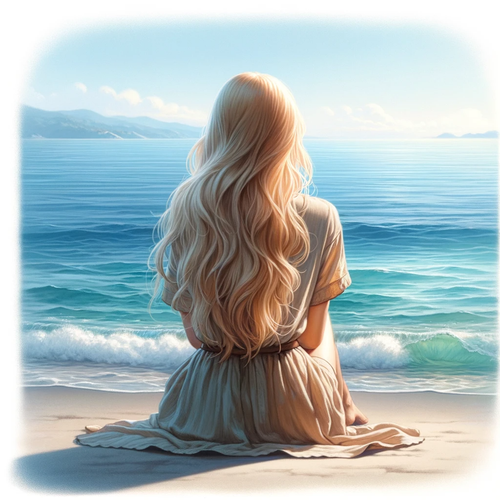 DALL·E 2024 01 21 14.12.48 A tranquil illustration of a blonde girl sitting with her back to the vie.png