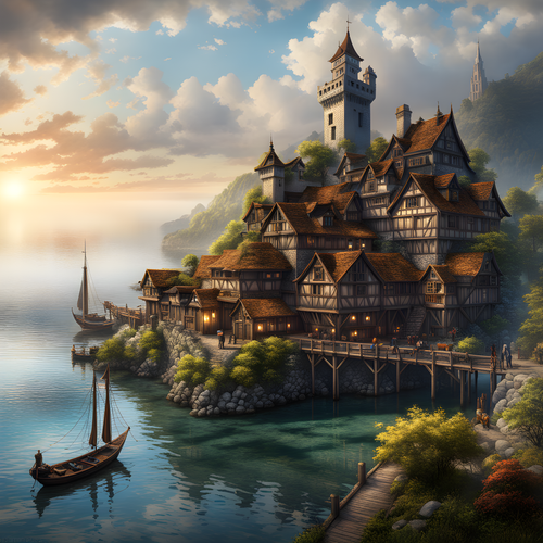 a small medieval fantasy town with a dock and a strong antistructure around its port and shipments 8.png