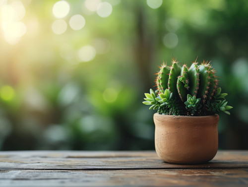 Banner Cactus on wooden table background design interior use Design Element Display product furnitur.jpg