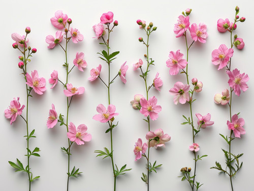 Arrangement of spring pink flowers against a white background Blooming concept Flat layminimalistic .jpg