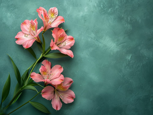 Alstroemeria pink flowers on emerald green background Top view flat lay copy spaceminimalistic emoti.jpg