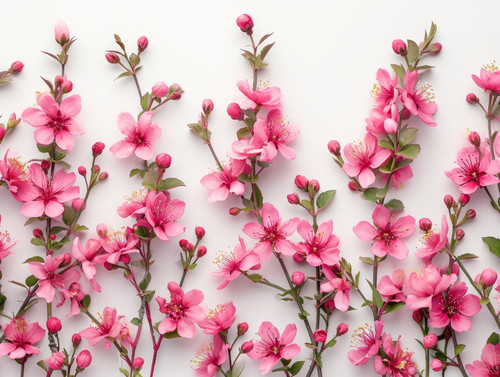 Arrangement of spring pink flowers against a white background Blooming concept Flat layminimalistic .jpg