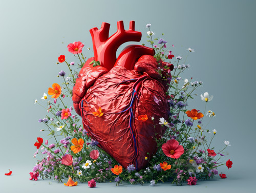 Anatomical heart surrounded by many small spring flowers isolated on flat background with copy space.jpg