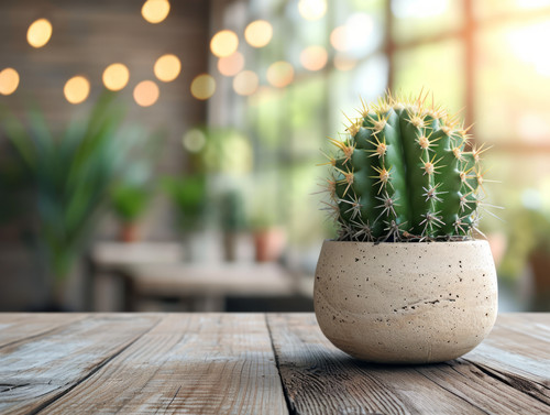 Banner Cactus on wooden table background design interior use Design Element Display product furnitur.jpg