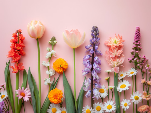 Arrangement of spring flowers against a pastel color background Blooming concept Flat layminimalisti.jpg