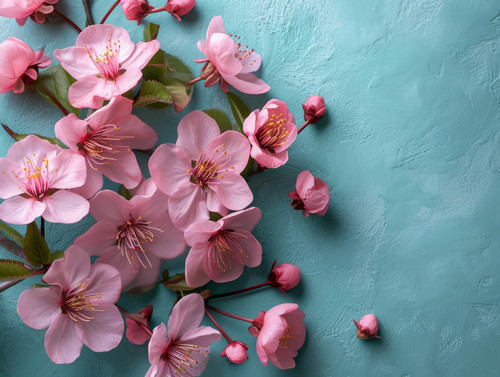 Banner with pink cherry flowers on light teal blue background Greeting card template for wedding mot.jpg