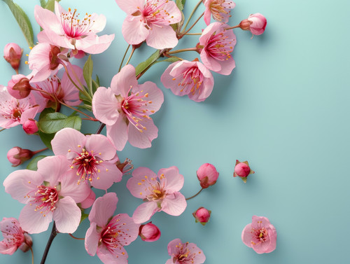 Banner with pink cherry flowers on light teal blue background Greeting card template for wedding mot.jpg