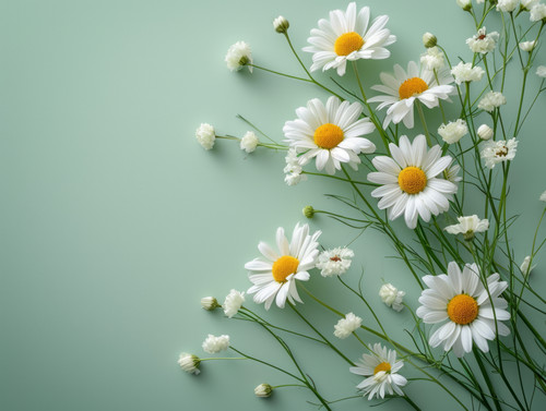 Beautiful flowers composition Chamomile on light green background Flat lay top view copy spaceminima.jpg