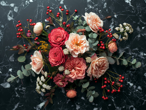 Flat lay of a floral arrangement against black marbleminimalistic emotional ar 43 00042 00.jpg