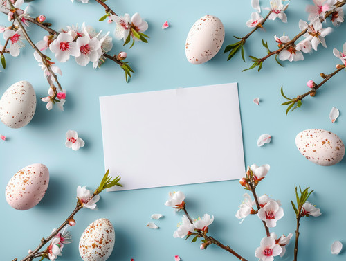 Easter background with greeting card mockup empty blank paper Easter eggs flowers decor neutral colo.jpg
