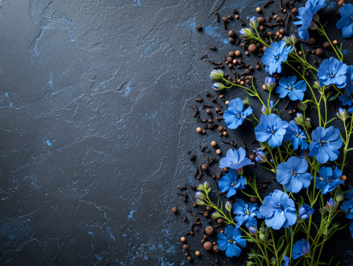 Blue flowers on dark background with spices Flat lay copy space Banner for summer or spring offermin.jpg
