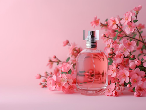 Bottle of perfume and flower arrangement of rosebuds on pink backgroundminimalistic emotional ar 43 .jpg
