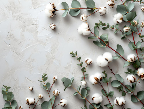 Flat lay flowers composition Cotton flowers and fresh eucalyptus twigs on light gray background Top .jpg