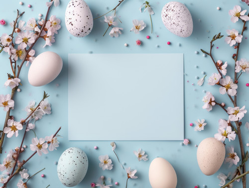 Easter background with greeting card mockup empty blank paper Easter eggs flowers decor neutral colo.jpg