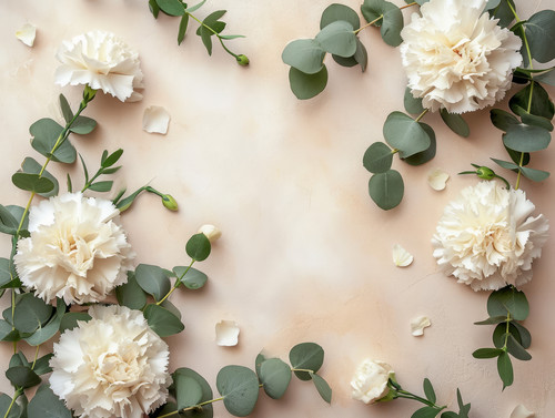 Feminine floral frame composition White carnation flowers and green eucalyptus leaves and branches i.jpg