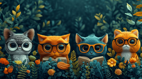 whimsical illistration of A forest where animals wear glasses and read giant booksperfect book illus.jpg