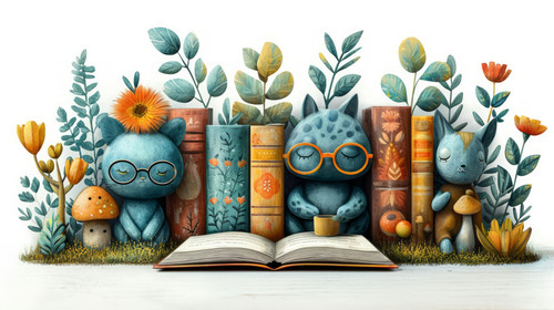 whimsical illistration of A forest where animals wear glasses and read giant booksperfect book illus.jpg