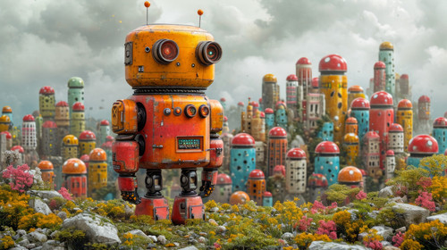 whimsical illistration of A curious robot exploring a futuristic city made of candyperfect book illu.jpg