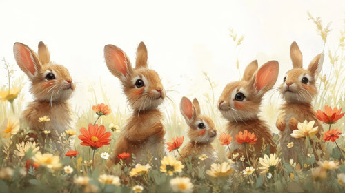 whimsical illistration of A group of bunnies having a flowerpicking adventureperfect book illustrati.jpg
