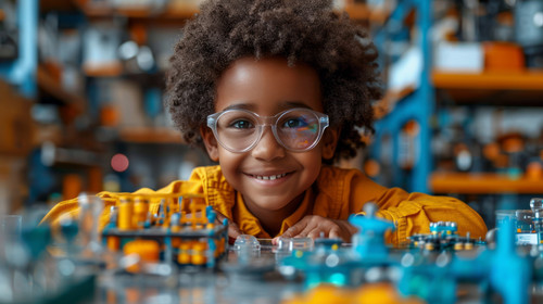 illustration on white background of a Adorable little boy with afro hair smiling while playing with .jpg