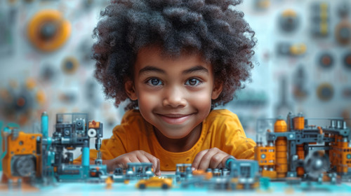 illustration on white background of a Adorable little boy with afro hair smiling while playing with .jpg