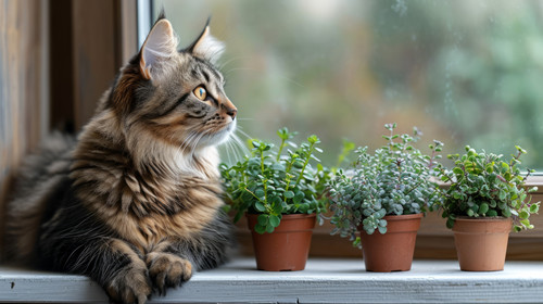 illustration on white background of a Adorable cat and houseplants on window sill at home ar 169 000.jpg